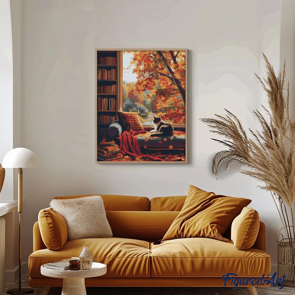 Diamond Painting 40x50 auf Keilrahmen gespannt Figured’Art Blick auf die Katze im Herbst - Kidis Art