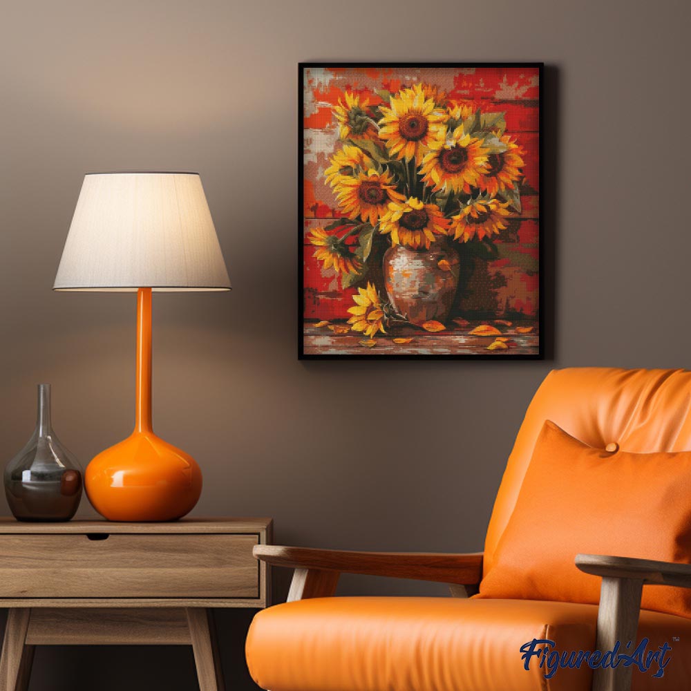 Diamond Painting 40x50 auf Keilrahmen gespannt Figured’Art Herbstliche Sonnenblumenvase - Kidis Art