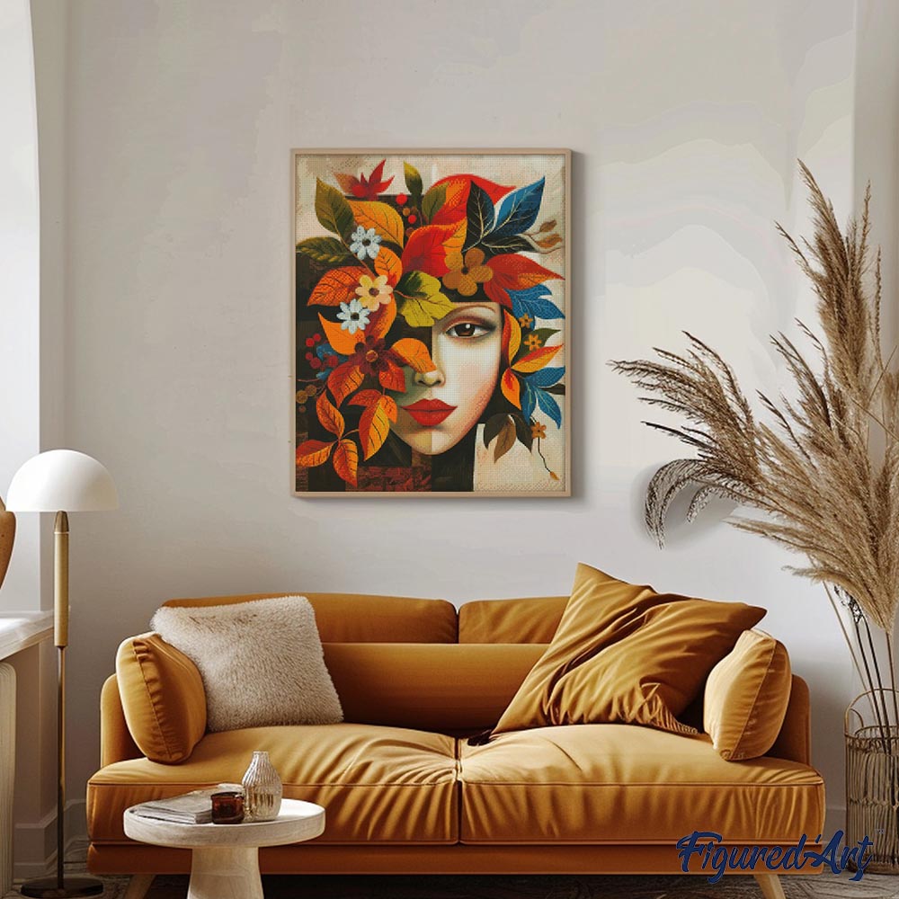 Diamond Painting 40x50 auf Keilrahmen gespannt Figured’Art Von Picasso inspiriertes Herbstblumengesicht - Kidis Art