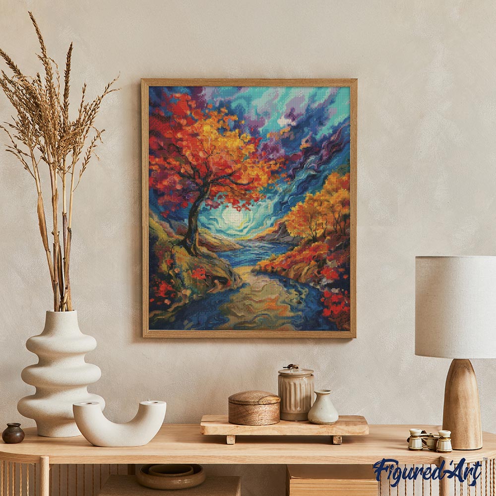 Diamond Painting 40x50 auf Keilrahmen gespannt Figured’Art Surrealistischer Herbst, inspiriert von Van Gogh, - Kidis Art