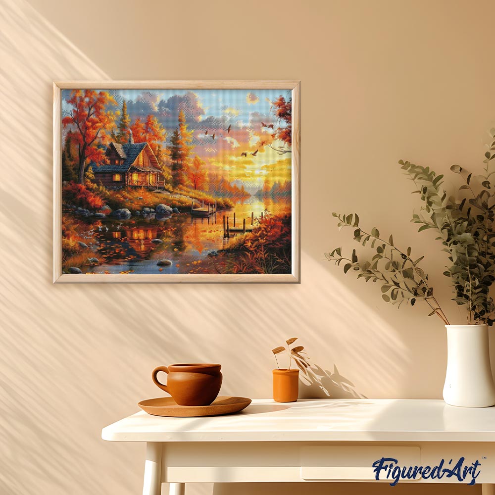 Diamond Painting 40x50 gerollte Leinwand Figured’Art Herbstlicher Sonnenuntergang in der Nähe der Hütte - Kidis Art