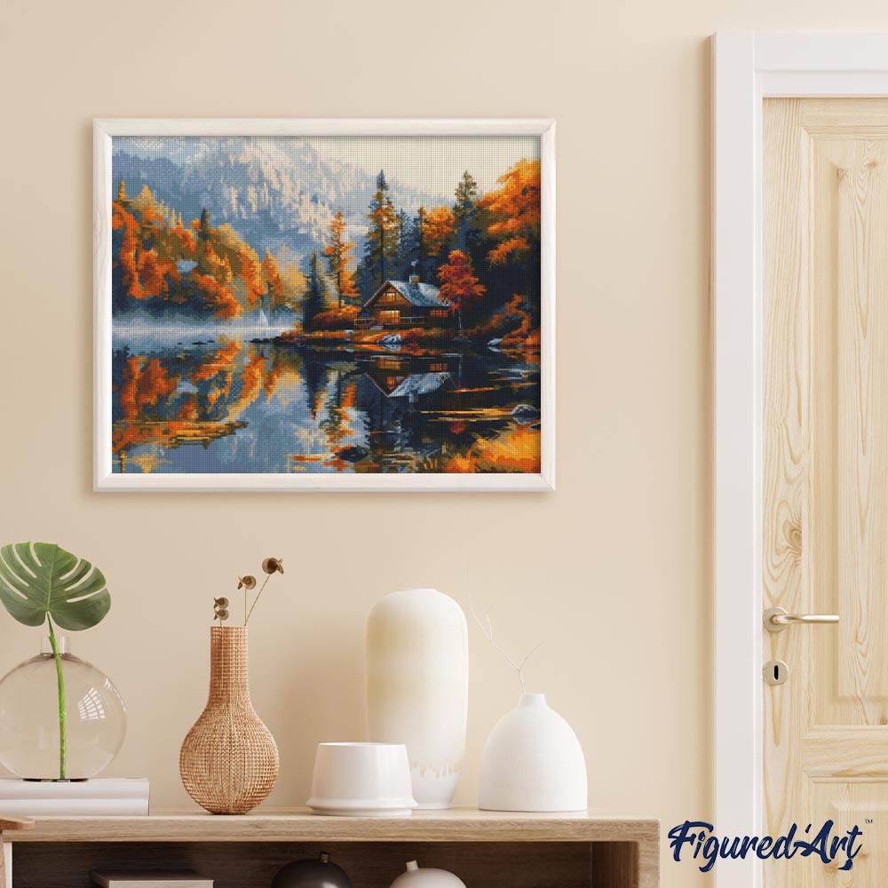 Diamond Painting 40x50 gerollte Leinwand Figured’Art Hütte am See im Herbst - Kidis Art