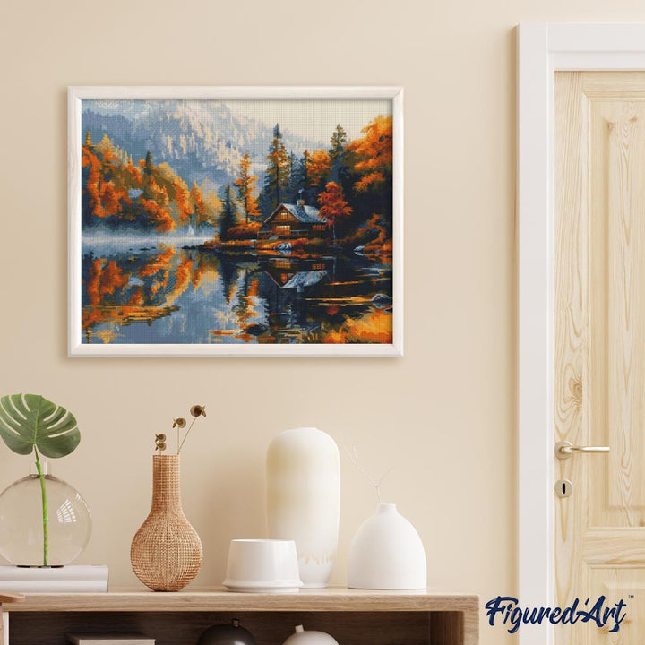 Diamond Painting 40x50 gerollte Leinwand Figured’Art Hütte am See im Herbst - Kidis Art