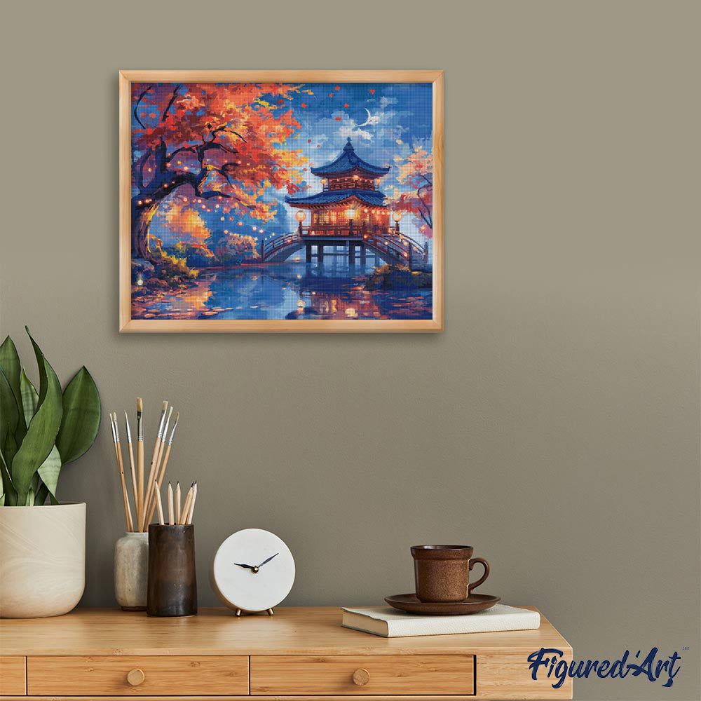 Diamond Painting 40x50 gerollte Leinwand Figured’Art Pagode in einer Herbstnacht - Kidis Art