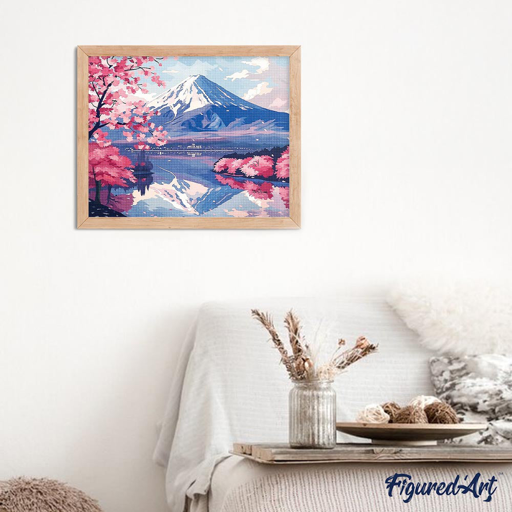 Diamond Painting 40x50 gerollte Leinwand Figured’Art Berg Fuji und See mit Kirschblüten - Kidis Art
