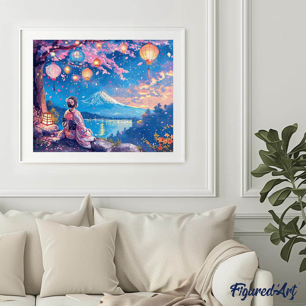 Diamond Painting 40x50 gerollte Leinwand Figured’Art Geisha, Laternen und Fuji - Kidis Art