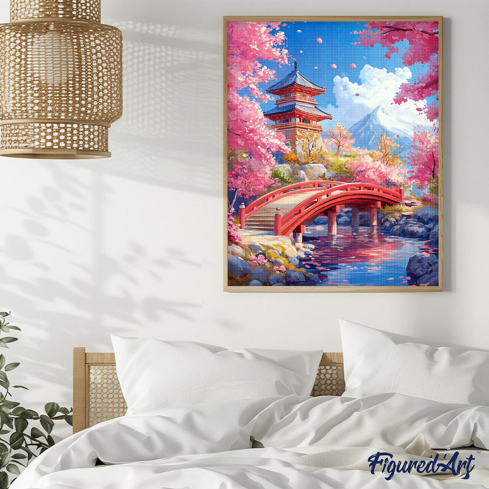 Diamond Painting 40x50 auf Keilrahmen gespannt Figured’Art Rote Brücke und Kirschblüten - Kidis Art