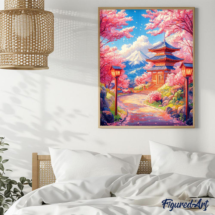 Diamond Painting 40x50 gerollte Leinwand Figured’Art Straße mit Kirschblüten zur Pagode - Kidis Art