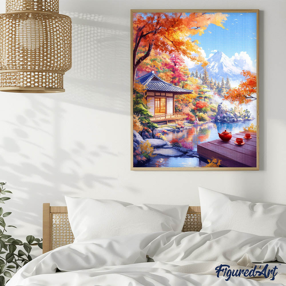 Diamond Painting 40x50 gerollte Leinwand Figured’Art Herbstliches Teehaus am Seeufer - Kidis Art