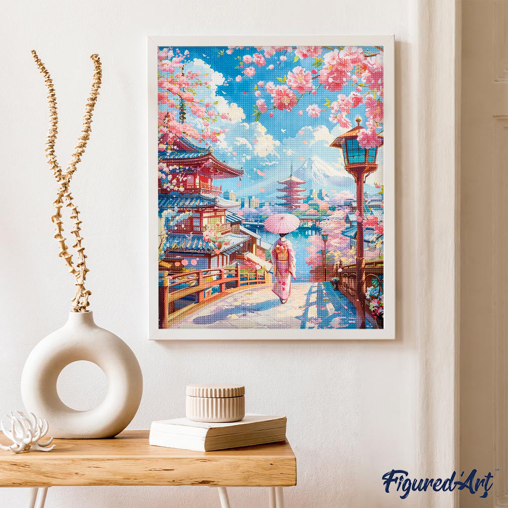 Diamond Painting 40x50 gerollte Leinwand Figured’Art Straße mit Kirschblüten in Kyoto - Kidis Art