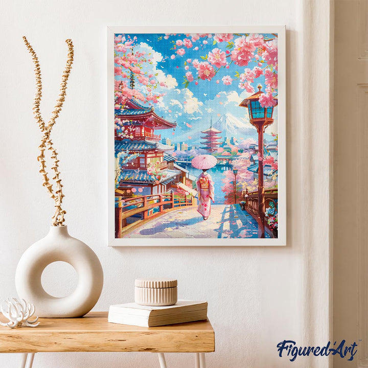 Diamond Painting 40x50 auf Keilrahmen gespannt Figured’Art Straße mit Kirschblüten in Kyoto - Kidis Art