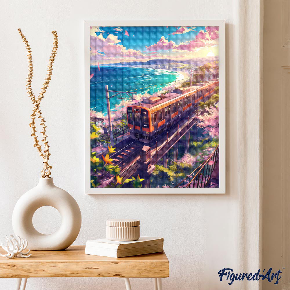 Diamond Painting 40x50 gerollte Leinwand Figured’Art Eisenbahn mit Kirschblüten am Meer - Kidis Art