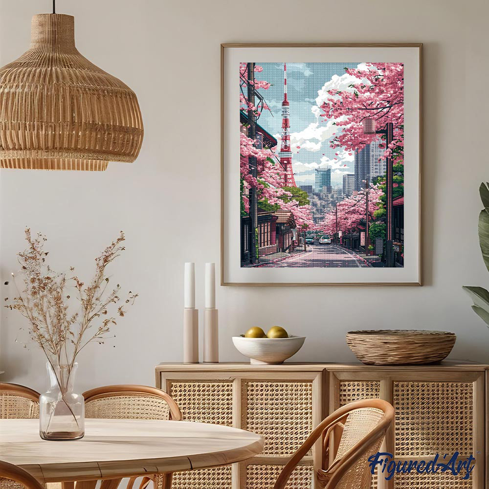 Diamond Painting 40x50 gerollte Leinwand Figured’Art Straße mit Kirschblüten in Tokio - Kidis Art