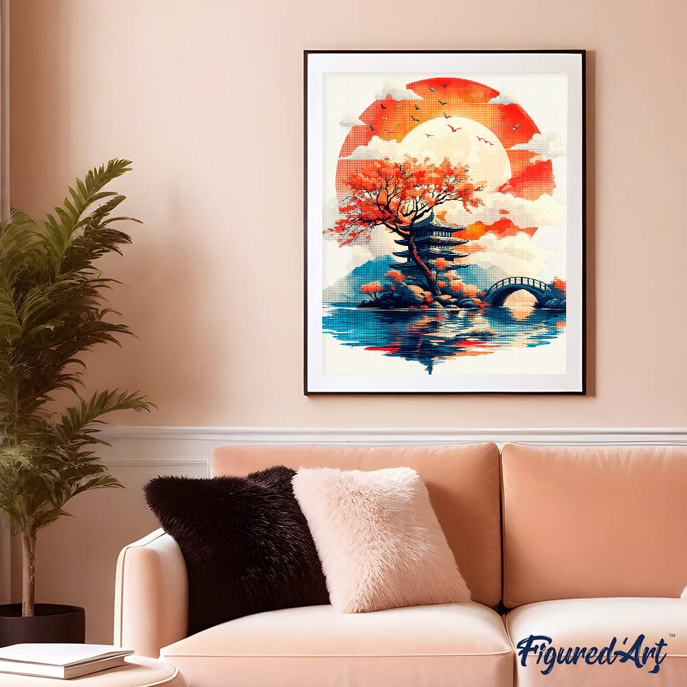 Diamond Painting 40x50 gerollte Leinwand Figured’Art Pagode unter der aufgehenden Sonne - Kidis Art