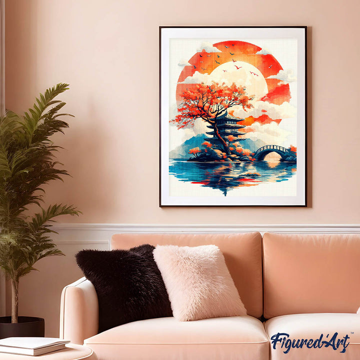 Diamond Painting 40x50 gerollte Leinwand Figured’Art Pagode unter der aufgehenden Sonne - Kidis Art