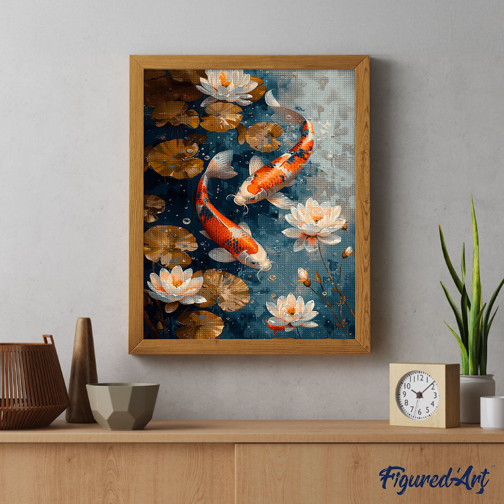 Diamond Painting 40x50 auf Keilrahmen gespannt Figured’Art Vintage-Koi-Karpfen und Blumen - Kidis Art
