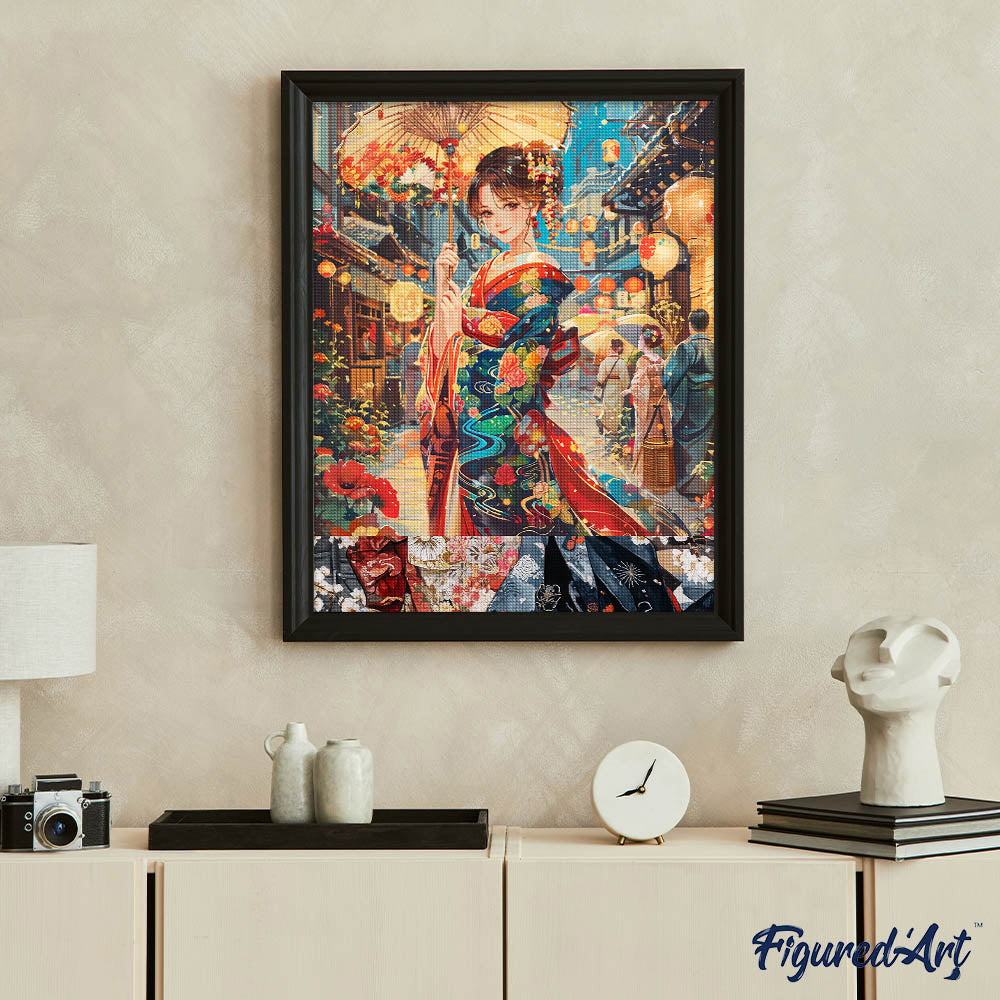 Diamond Painting 40x50 auf Keilrahmen gespannt Figured’Art Junges Mädchen im Kimono beim Laternenfest - Kidis Art