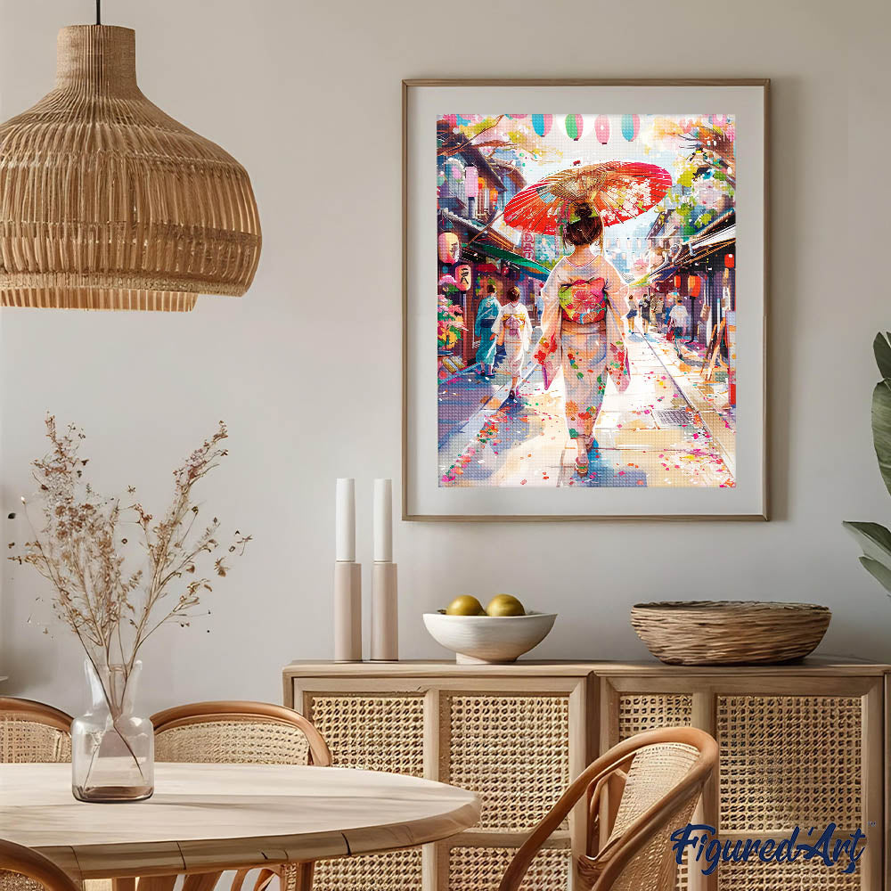 Diamond Painting 40x50 gerollte Leinwand Figured’Art Frau im Yukata in einer belebten Straße - Kidis Art