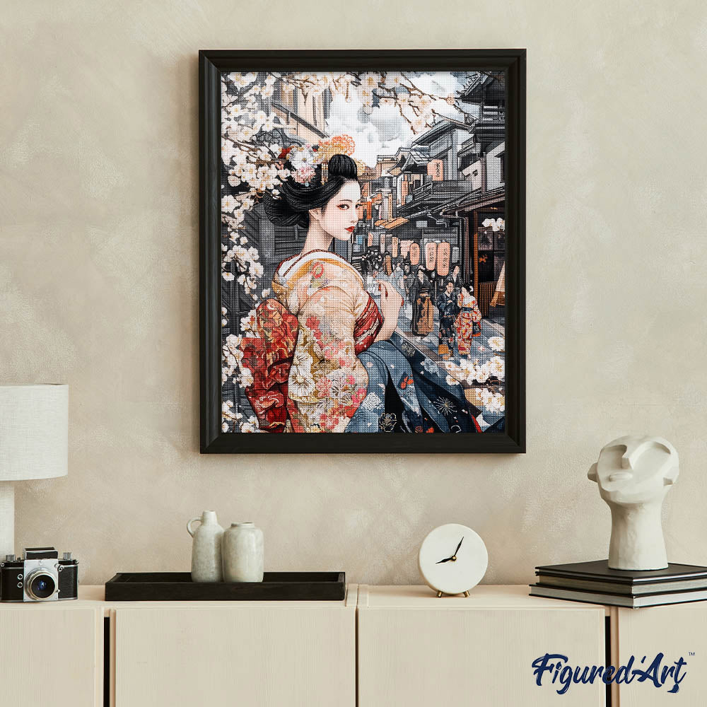 Diamond Painting 40x50 auf Keilrahmen gespannt Figured’Art Geisha in einer Vintage-Straße - Kidis Art