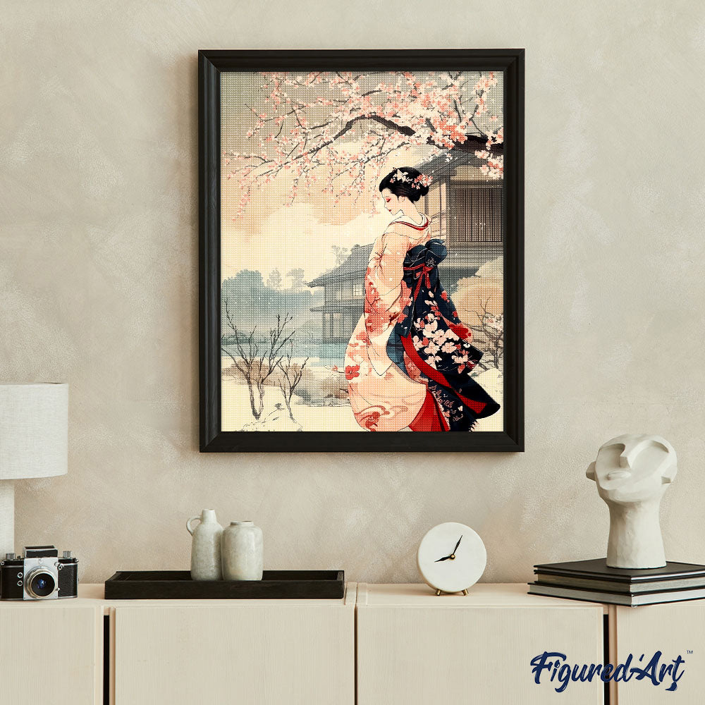 Diamond Painting 40x50 auf Keilrahmen gespannt Figured’Art Vintage-Szene mit einer Geisha im Winter - Kidis Art