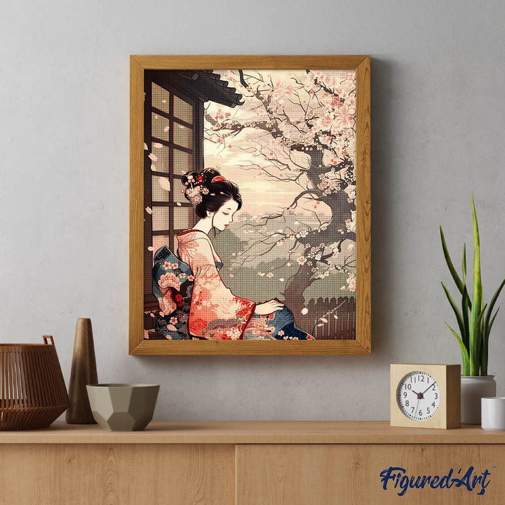 Diamond Painting 40x50 auf Keilrahmen gespannt Figured’Art Frau in Vintage-Kimono und Kirschblüten - Kidis Art