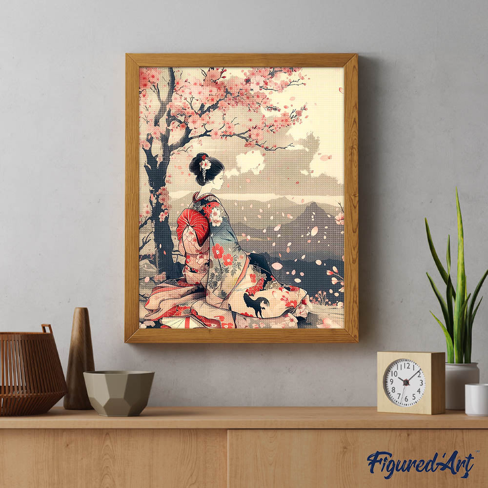 Diamond Painting 40x50 auf Keilrahmen gespannt Figured’Art Vintage-Geisha unter Kirschblüten - Kidis Art