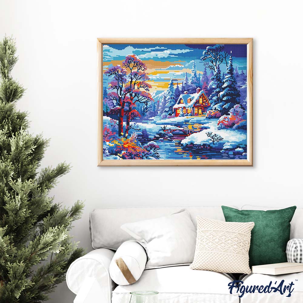 Diamond Painting 40x50 auf Keilrahmen gespannt Figured’Art Cottage am Fluss im Winter - Kidis Art