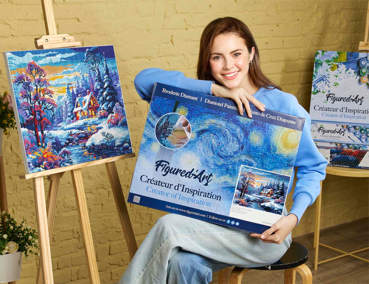 Diamond Painting 40x50 auf Keilrahmen gespannt Figured’Art Cottage am Fluss im Winter - Kidis Art