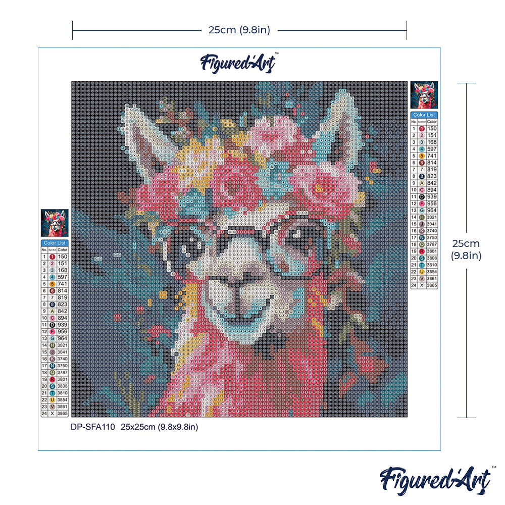 Mini Diamond Painting 25 x 25 cm ohne Keilrahmen Fantasie Lama mit Blumen - Kidis Art