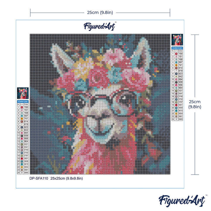 Mini Diamond Painting 25 x 25 cm ohne Keilrahmen Fantasie Lama mit Blumen - Kidis Art