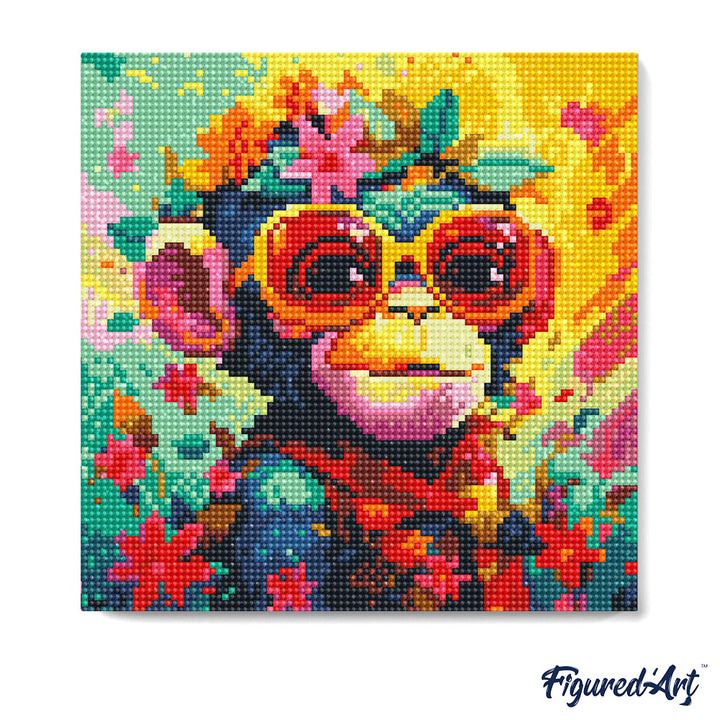Mini Diamond Painting 25 x 25 cm ohne Keilrahmen Fantasie Affe mit Blumen - Kidis Art