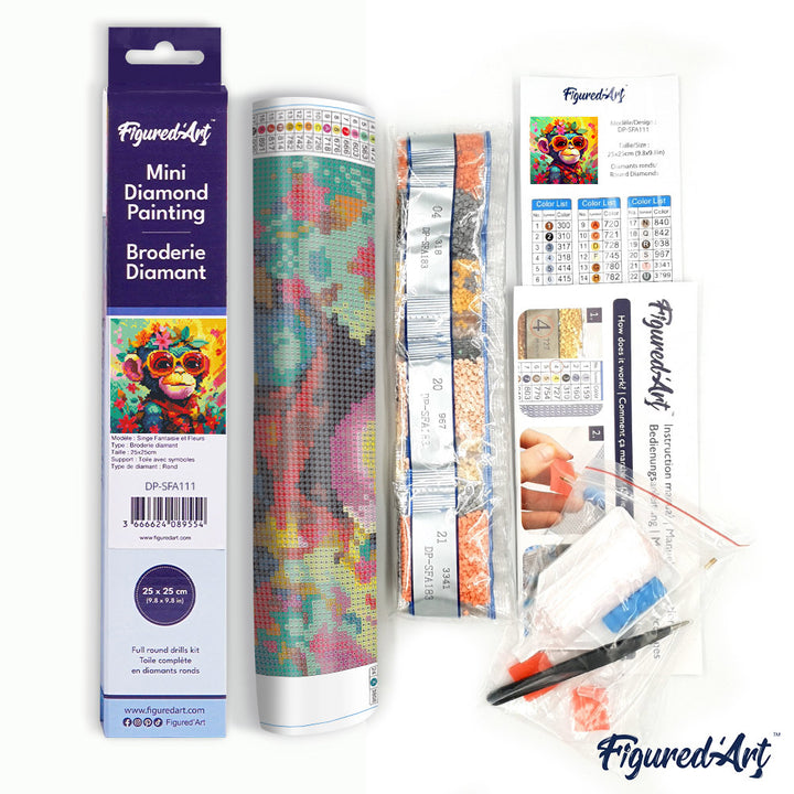 Mini Diamond Painting 25 x 25 cm ohne Keilrahmen Fantasie Affe mit Blumen - Kidis Art