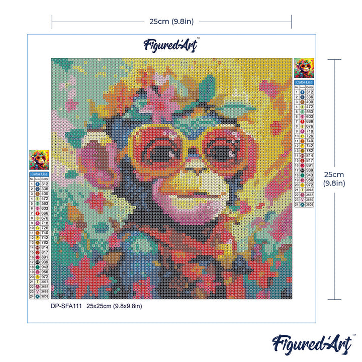 Mini Diamond Painting 25 x 25 cm ohne Keilrahmen Fantasie Affe mit Blumen - Kidis Art