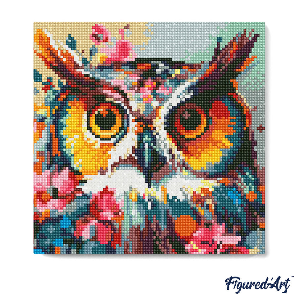 Mini Diamond Painting 25 x 25 cm ohne Keilrahmen Fantasie Eule mit Blumen - Kidis Art
