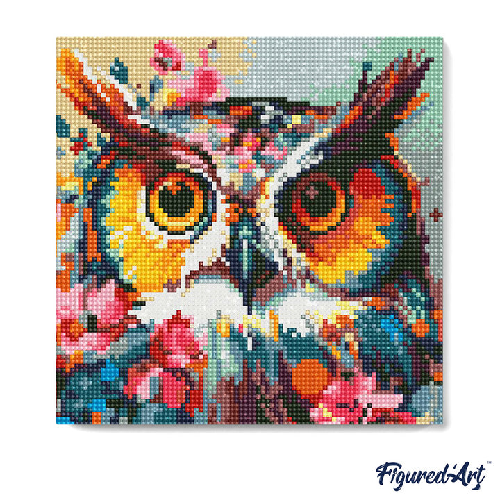 Mini Diamond Painting 25 x 25 cm ohne Keilrahmen Fantasie Eule mit Blumen - Kidis Art