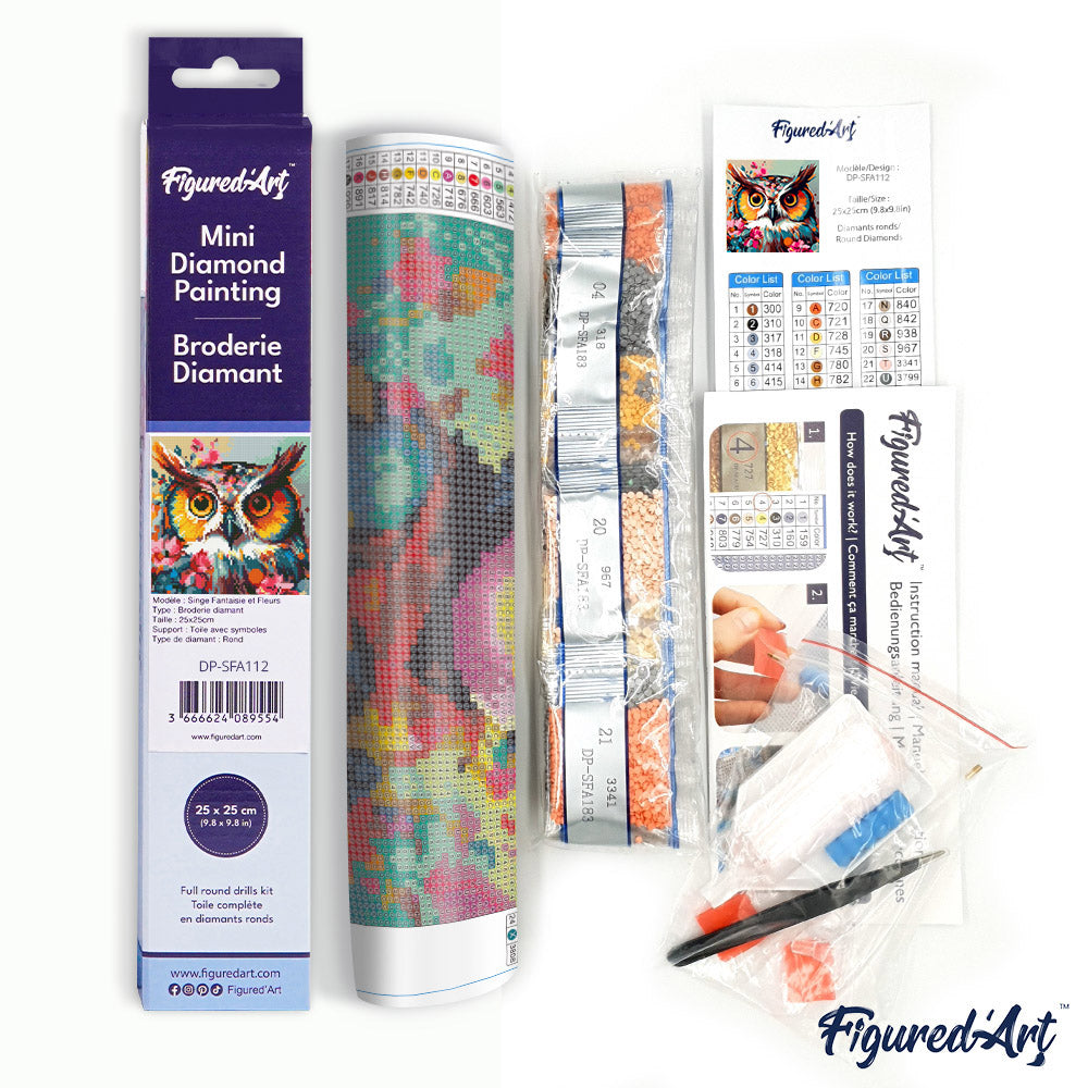 Mini Diamond Painting 25 x 25 cm ohne Keilrahmen Fantasie Eule mit Blumen - Kidis Art