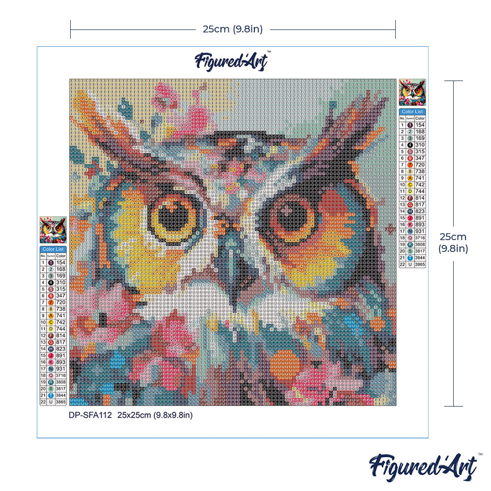Mini Diamond Painting 25 x 25 cm ohne Keilrahmen Fantasie Eule mit Blumen - Kidis Art