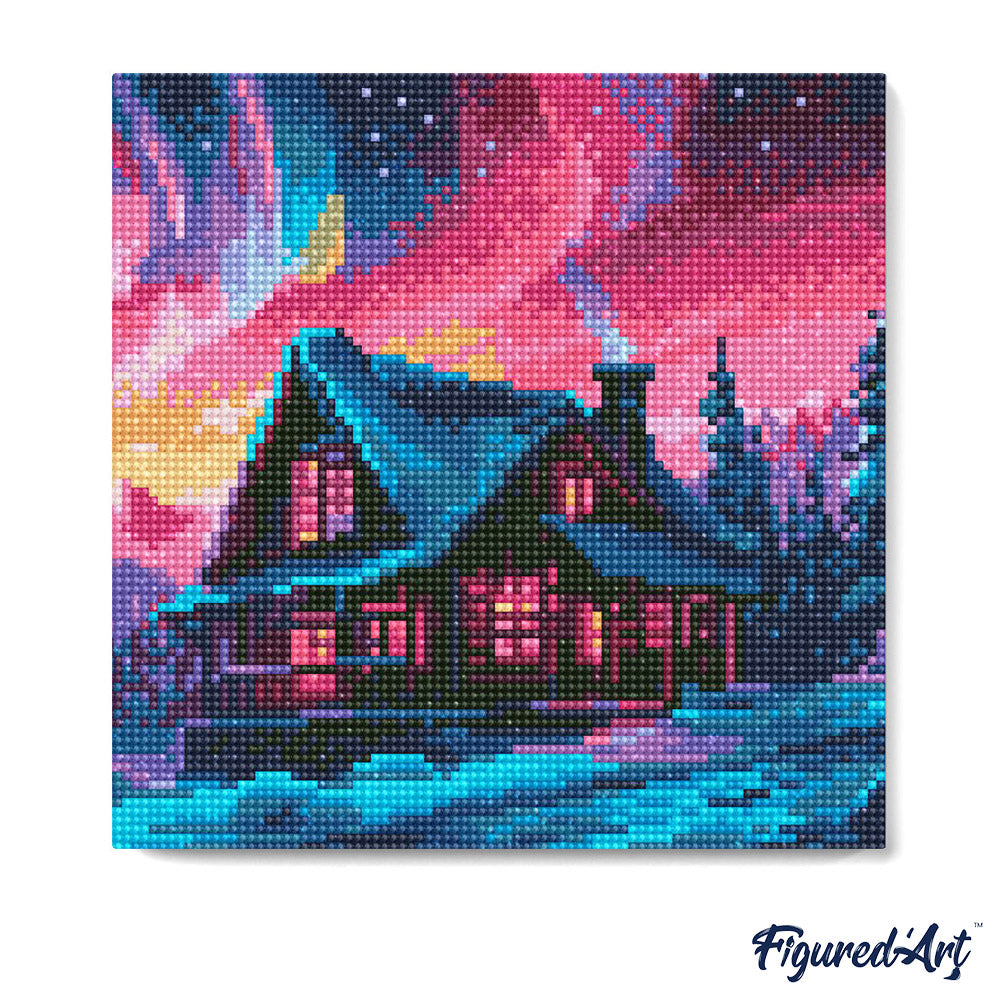 Mini Diamond Painting 25 x 25 cm ohne Keilrahmen Haus unter dem Nordlicht-Himmel - Kidis Art