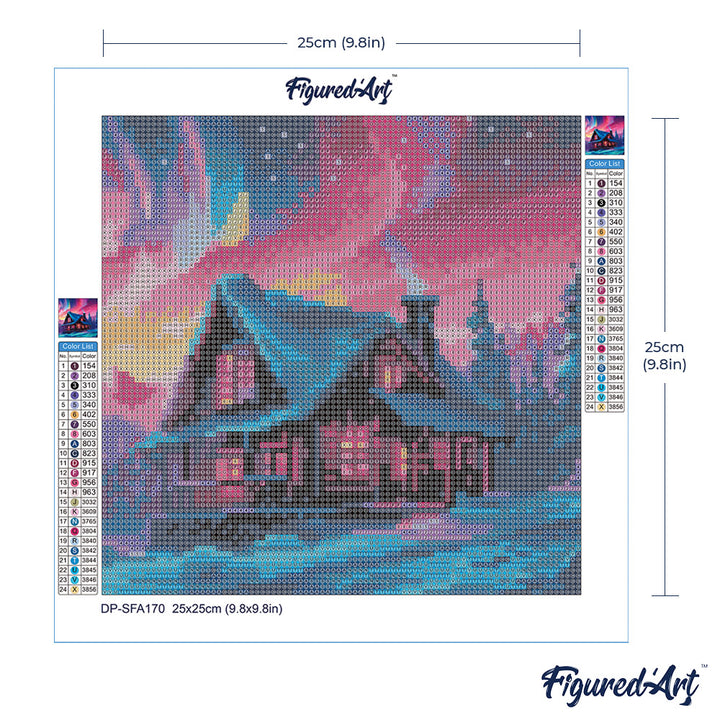 Mini Diamond Painting 25 x 25 cm ohne Keilrahmen Haus unter dem Nordlicht-Himmel - Kidis Art