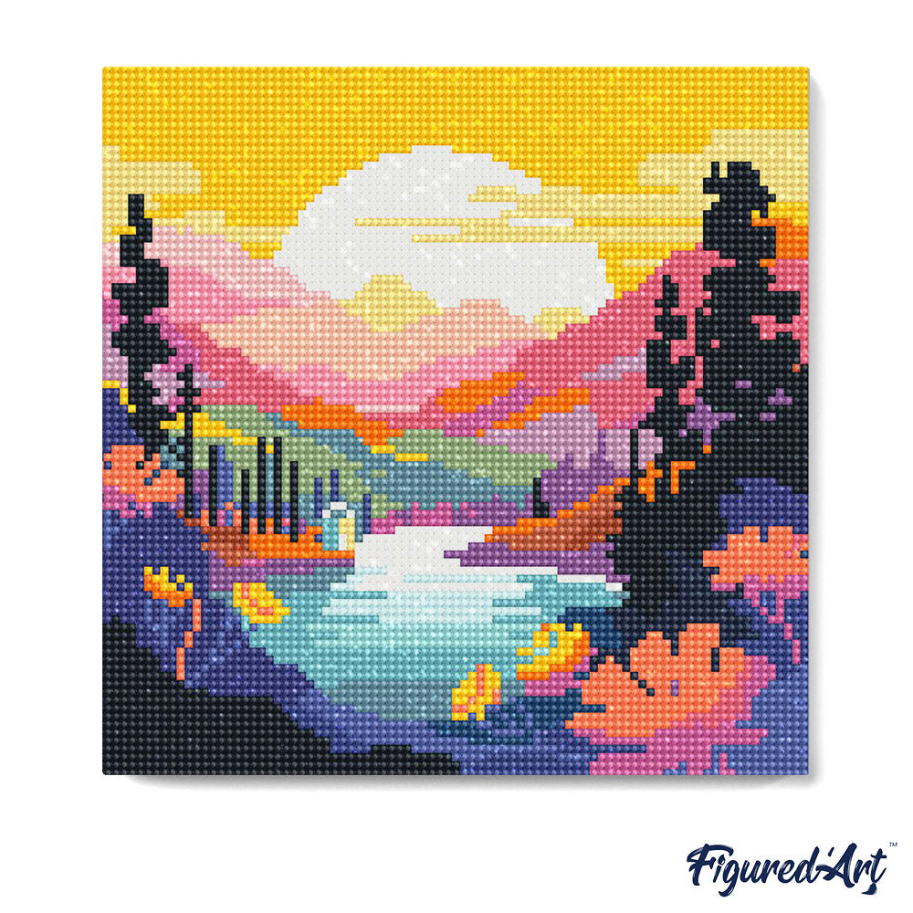 Mini Diamond Painting 25 x 25 cm ohne Keilrahmen Bunter Sonnenuntergang am See - Kidis Art