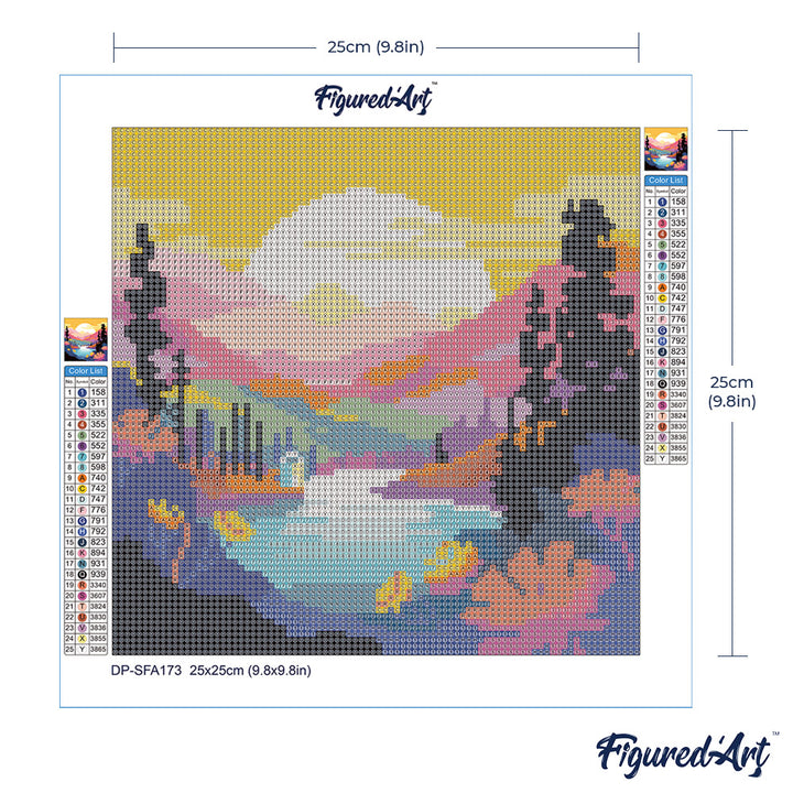 Mini Diamond Painting 25 x 25 cm ohne Keilrahmen Bunter Sonnenuntergang am See - Kidis Art