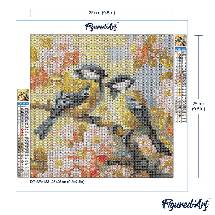 Mini Diamond Painting 25 x 25 cm ohne Keilrahmen Vogelpaar zwischen Blüten - Kidis Art