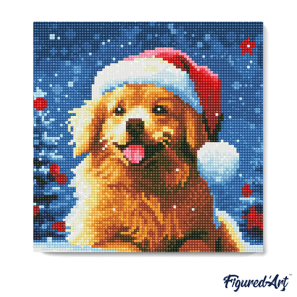 Mini Diamond Painting 25 x 25 cm ohne Keilrahmen Hund im Schnee zu Weihnachten - Kidis Art