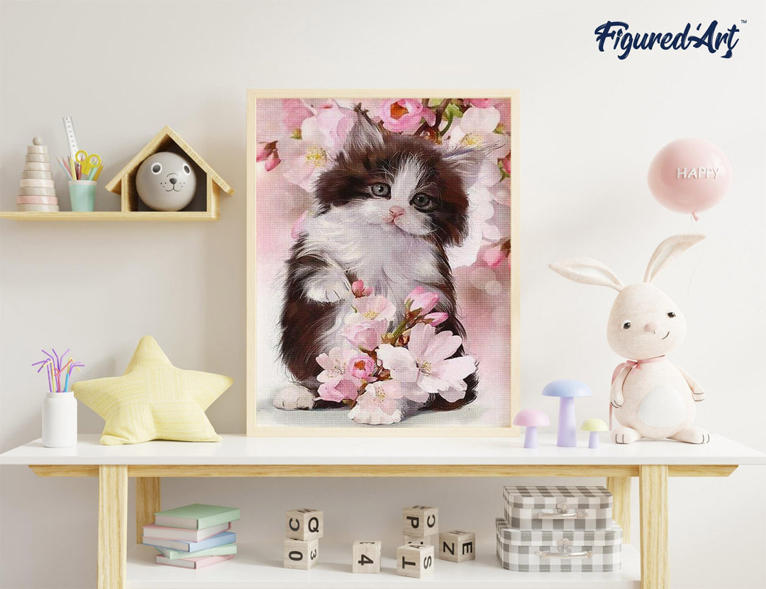 Diamond Painting 40x50 gerollte Leinwand Figured’Art Katze und Blumen 2 - Kidis Art