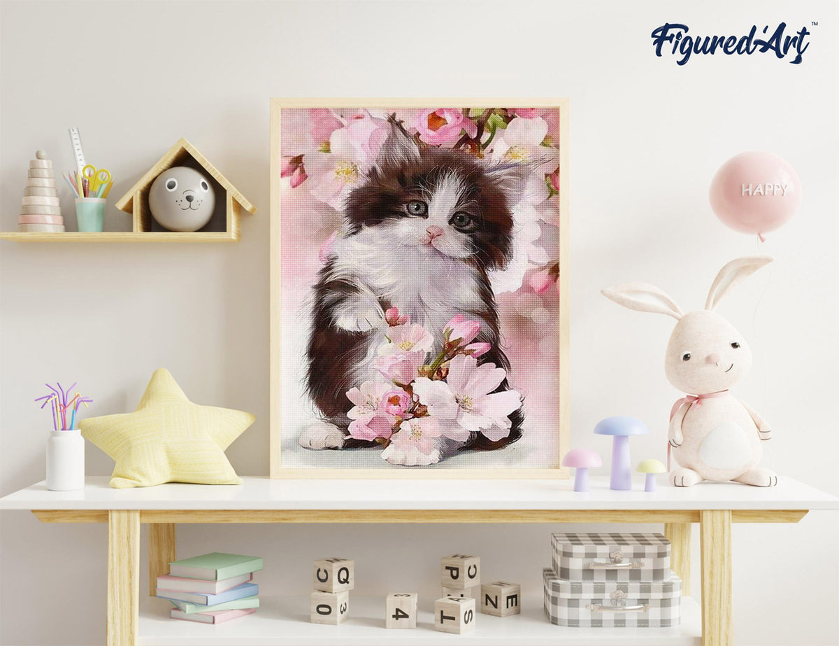 Diamond Painting 40x50 gerollte Leinwand Figured’Art Katze und Blumen 2 - Kidis Art