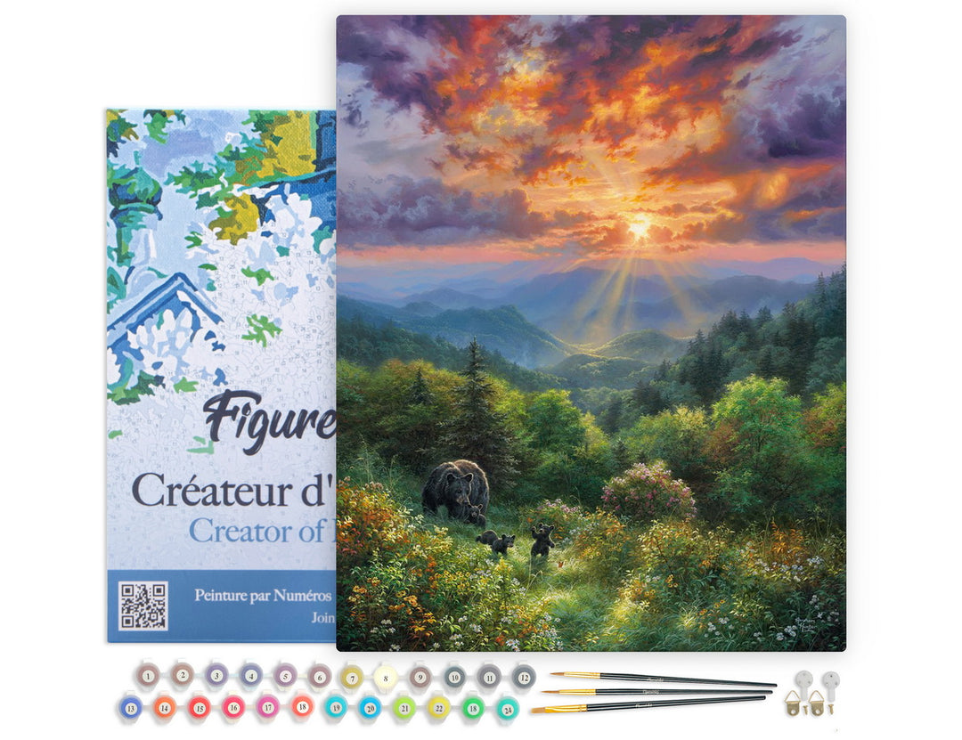 FiguredArt Malen Nach Zahlen 40x50 cm Bär Und Sonnenuntergang Auf Keilrahmen Komplett Set Mit Farben Pinsel - Kidis Art