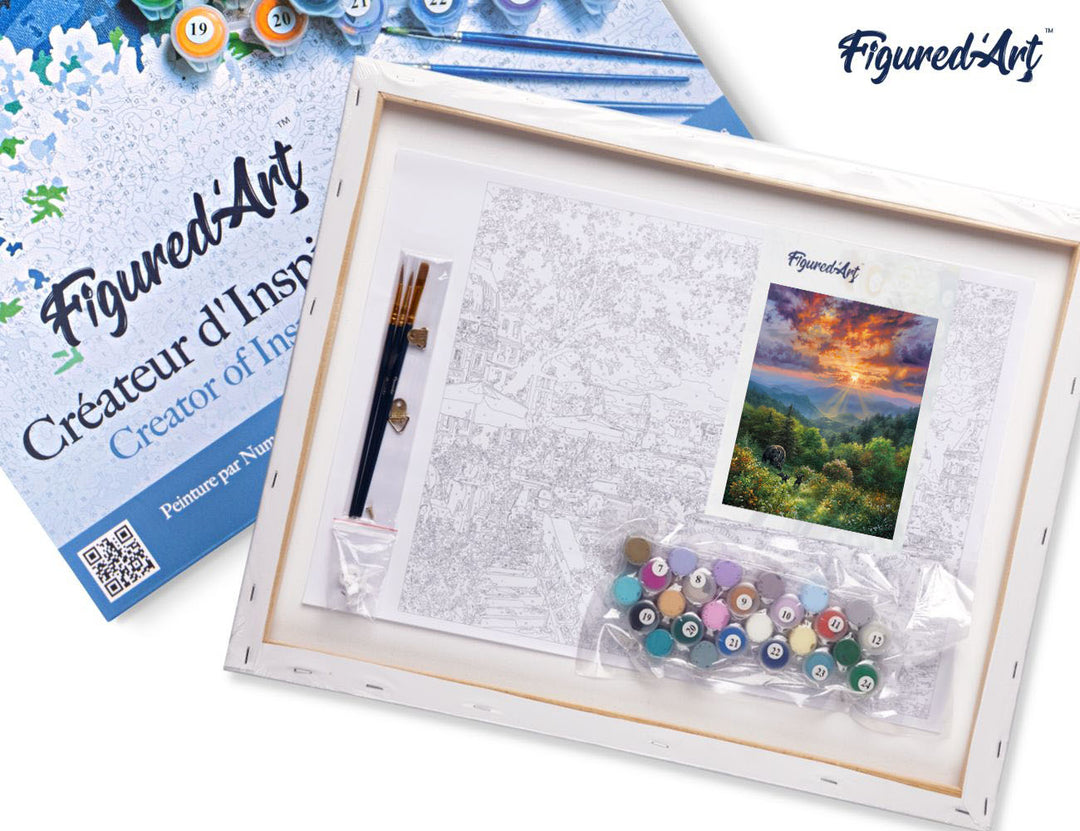 FiguredArt Malen Nach Zahlen 40x50 cm Bär Und Sonnenuntergang Auf Keilrahmen Komplett Set Mit Farben Pinsel - Kidis Art