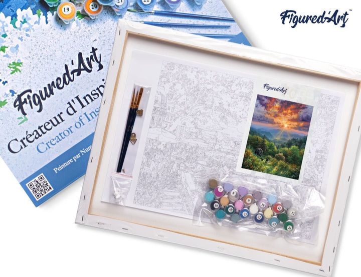 FiguredArt Malen Nach Zahlen 40x50 cm Bär Und Sonnenuntergang Auf Keilrahmen Komplett Set Mit Farben Pinsel - Kidis Art