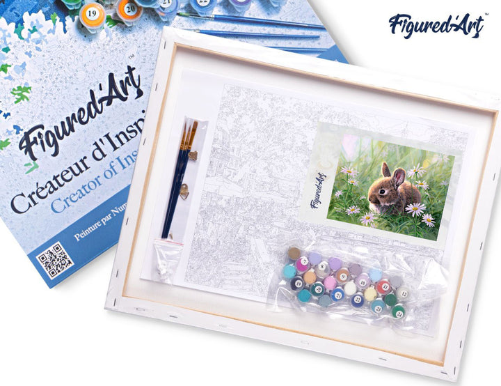 Malen nach Zahlen 40x50cm auf Keilrahmen gespannt Figured’Art Kaninchen und Gänseblümchen