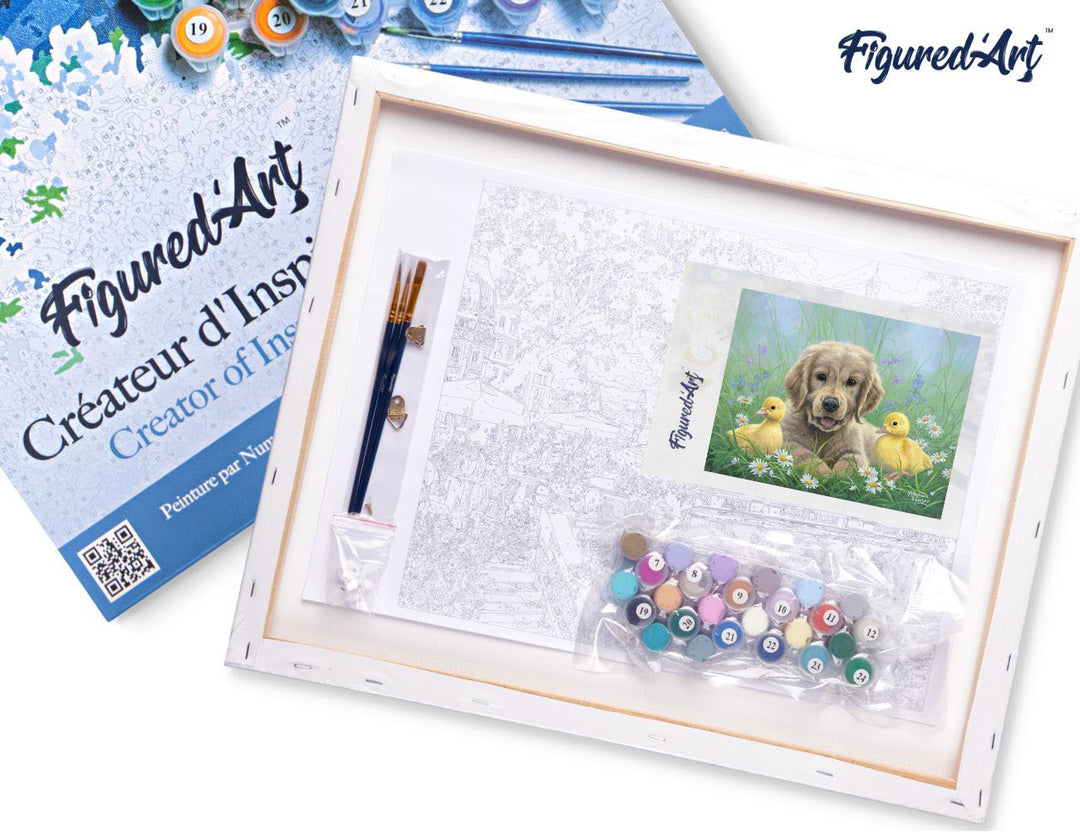 Malen nach Zahlen 40x50cm auf Keilrahmen gespannt Figured’Art Labrador und Küken